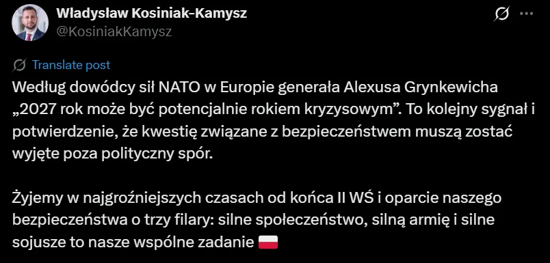 Groźny wpis szefa MON na X
