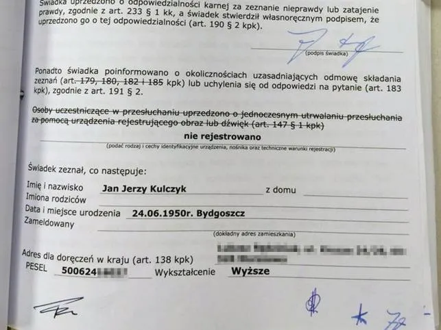 Protokół przesłuchania Jana Kulczyka - źródło: Facebook