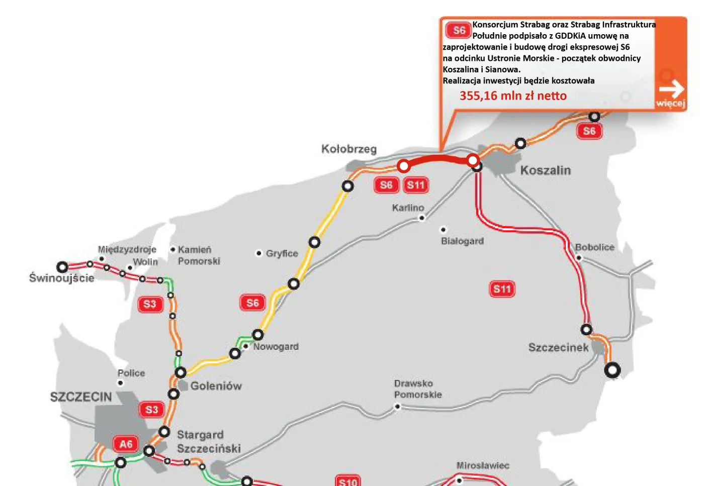 Odcinek S6 koło Koszalina za 355 mln zł. Strabag zgarnia kontrakt [MAPA]