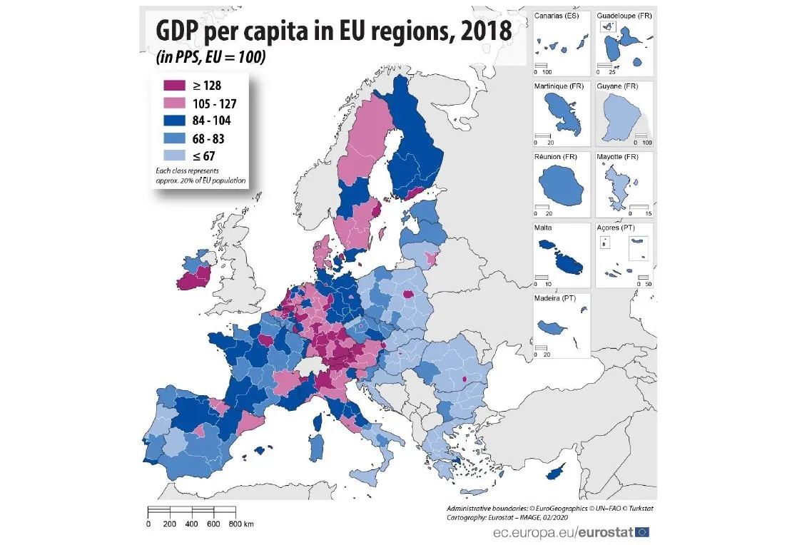 PKB per capita - regiony - mapa (Eurostat)