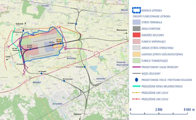 Jest dokładna lokalizacja CPK. Pod lotniskiem podziemny dworzec kolejowy, wokół plątanina torów