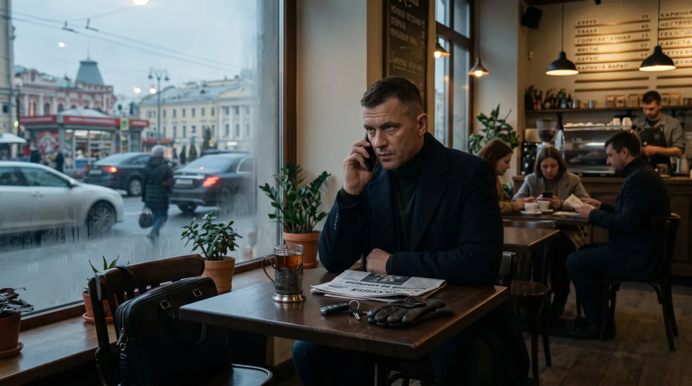 Agent GRU w moskiewskiej kawiarni (grafika utworzona przy pomocy AI)