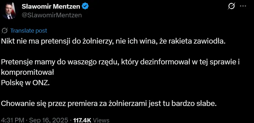 Wpis Sławomir Mentzena na X