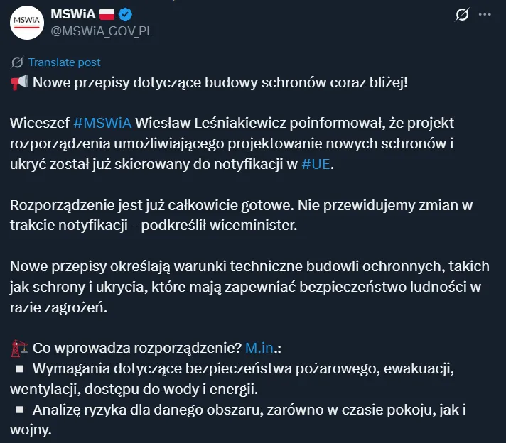 Komunikat MSWiA o schronach