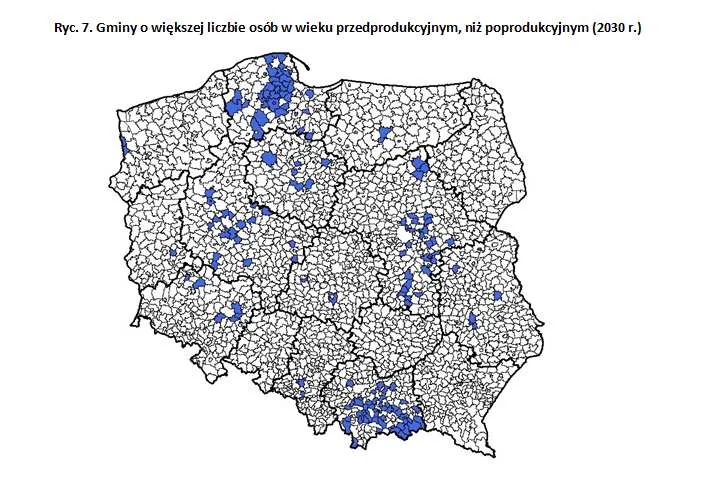 Gminy o większej liczbie osób w wieku przedprodukcyjnym, niż poprodukcyjnym (2030 r.)
