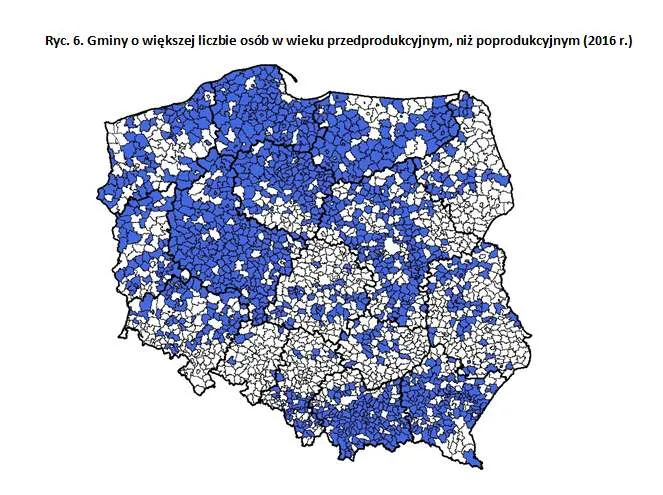 Gminy o większej liczbie osób w wieku przedprodukcyjnym, niż poprodukcyjnym (2016 r.)