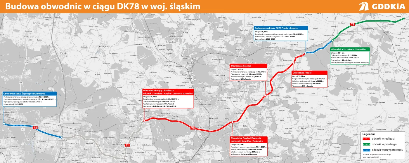 Przebieg nowej drogi krajowej DK78 między Siewierzem a Szczekocinami