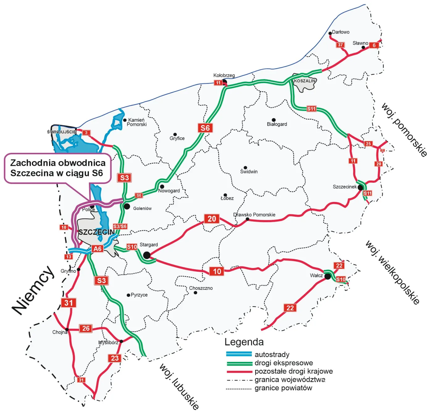 Mapa województwa zachodniopomorskiego z zaznaczeniem lokalizacji ZOS