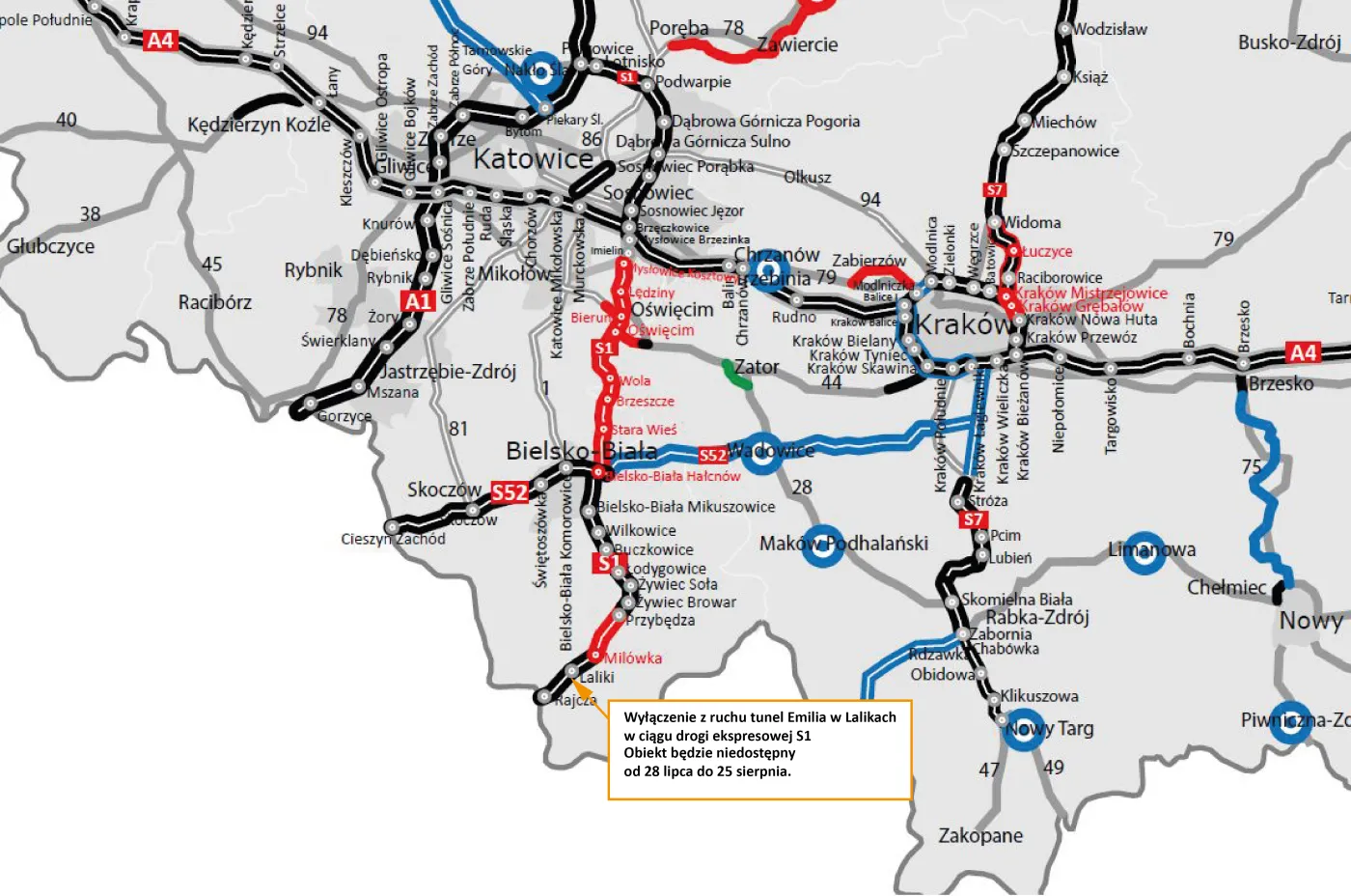 S1 - zamknięcie tunelu w Lalikach