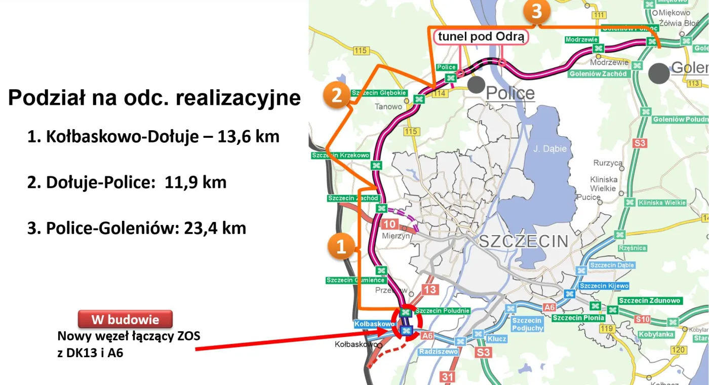 Mapa odcinków realizacyjnych ZOS