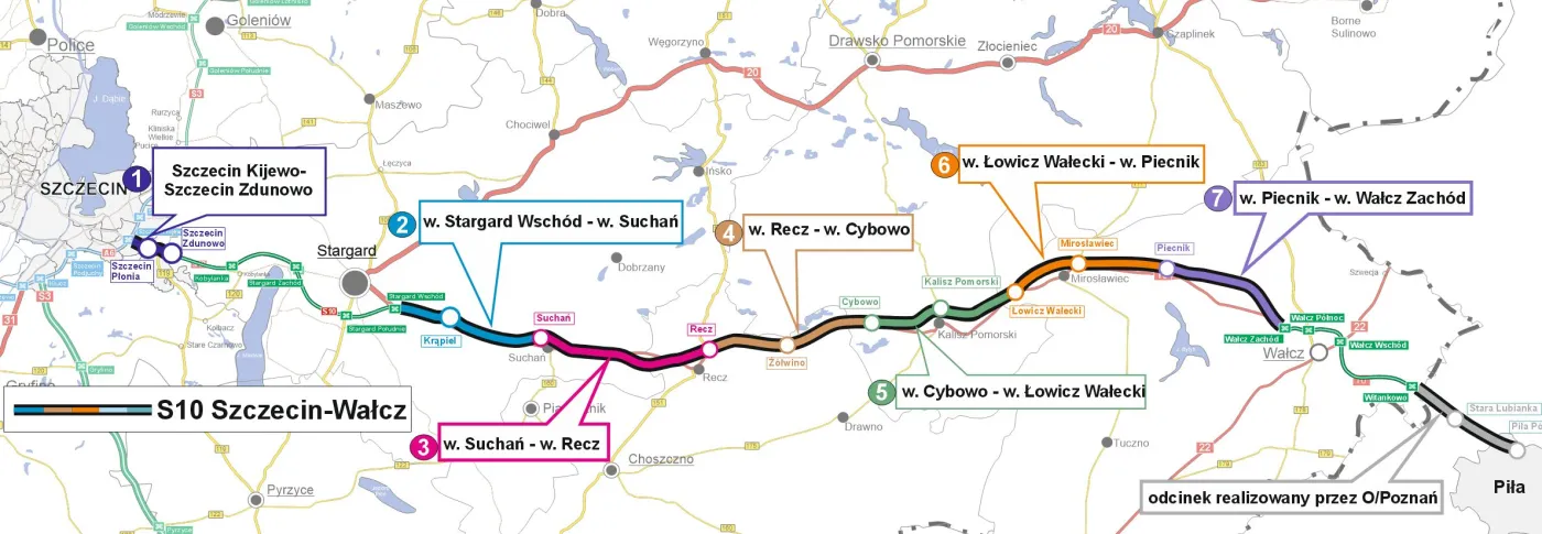 Mapa odcinków S10 Szczecin-Wałcz