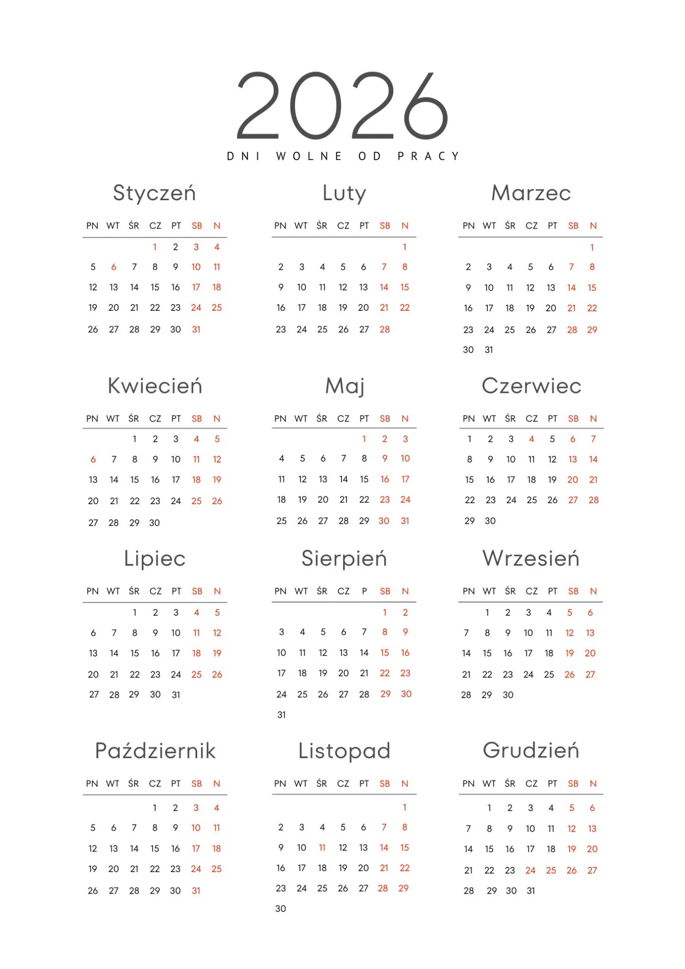 dni wolne od pracy w 2026 roku kalendarz