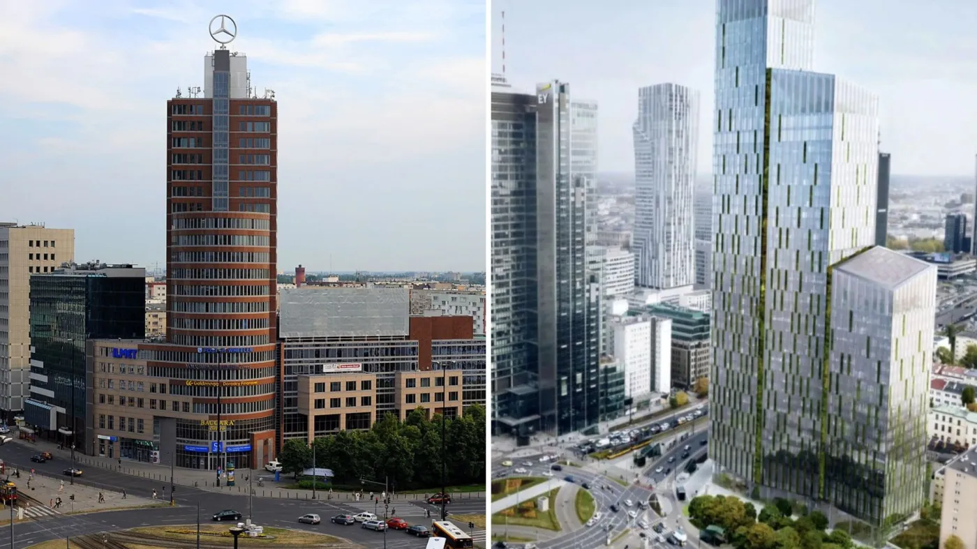 Wieżowiec Ilmet (po lewej) i jedna z wizualizacji Warsaw One (po prawej)