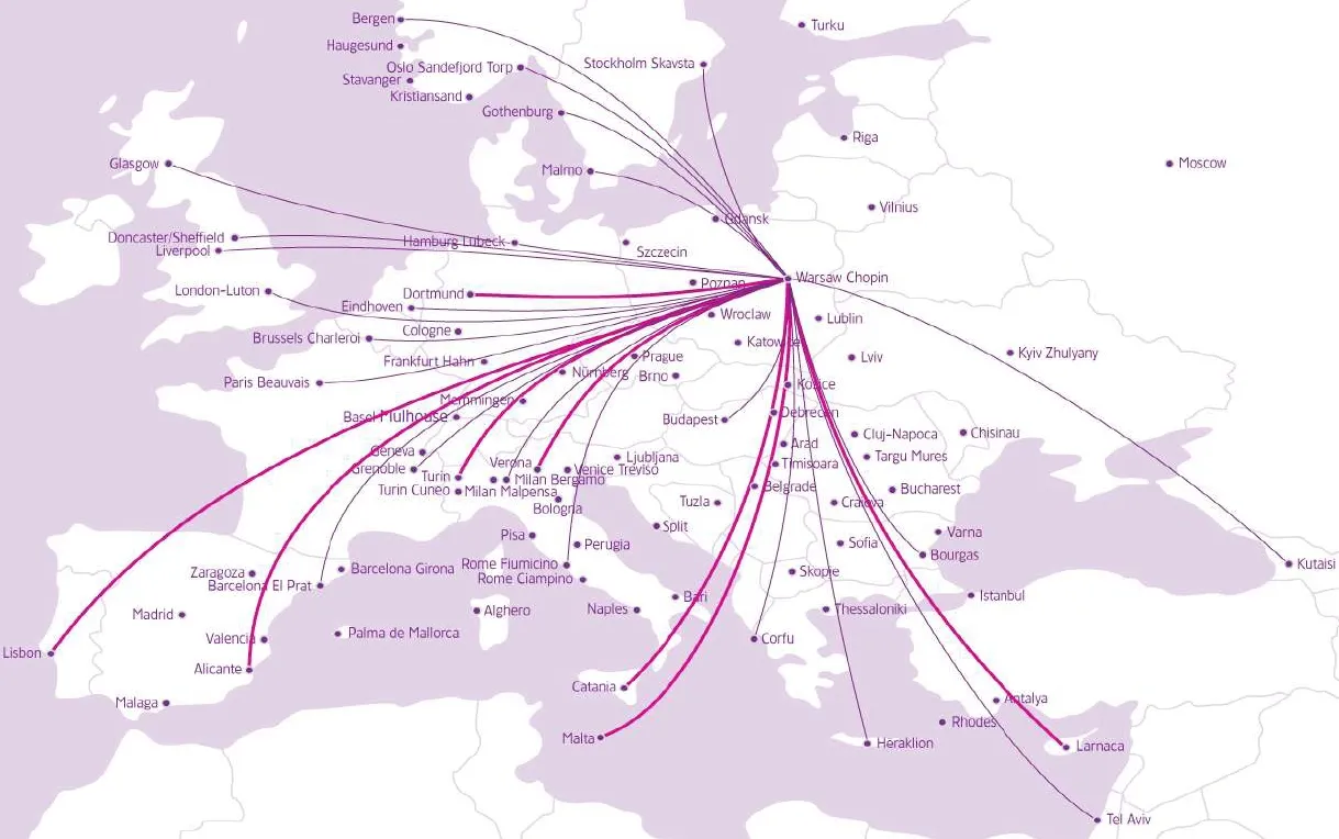 Mapa połączeń WizzAir z Warszawy (nowe trasy zaznaczone grubszą linią). Fot. materiały przewoźnika