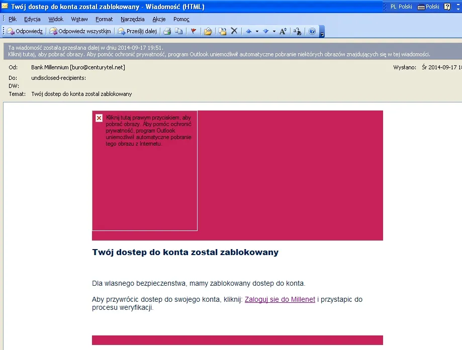 Klienci banku Millennium dostają fałszywe maile o zablokowaniu konta [Odpowiedź banku]