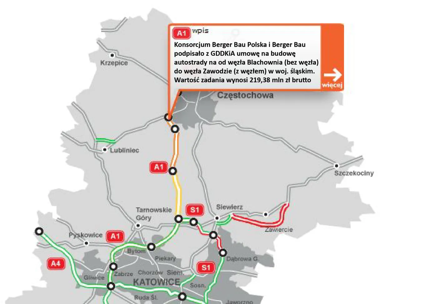 Konsorcjum Berger Bau ma umowę na odcinek A1 w śląskim za 219 mln zł