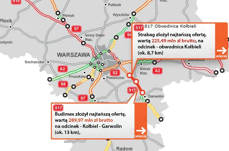 Wiadomo, kto wybuduje trasę S17 Warszawa-Garwolin. GDDKiA wyłoniła najtańsze oferty [MAPA]