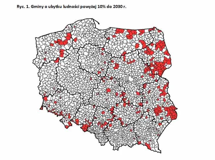 Gminy o ubytku ludności powyżej 10% do 2030 r.