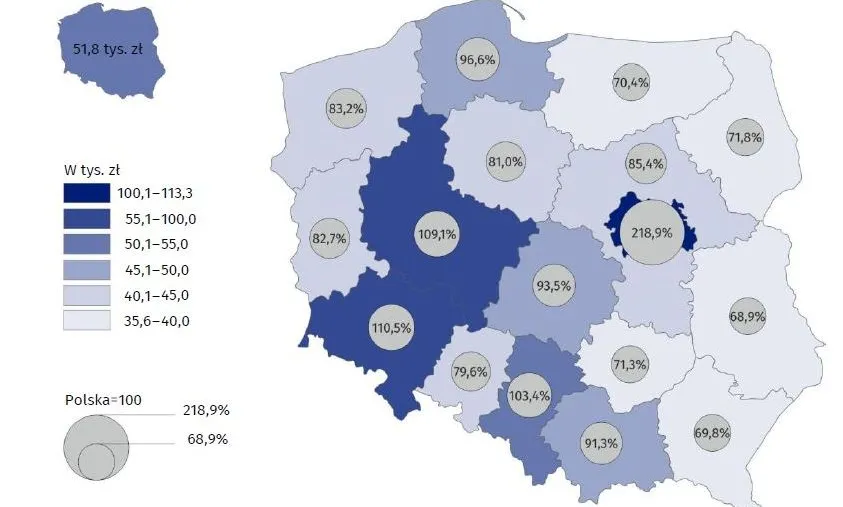 PKB per capita w regionach w 2017 - mapa (GUS)