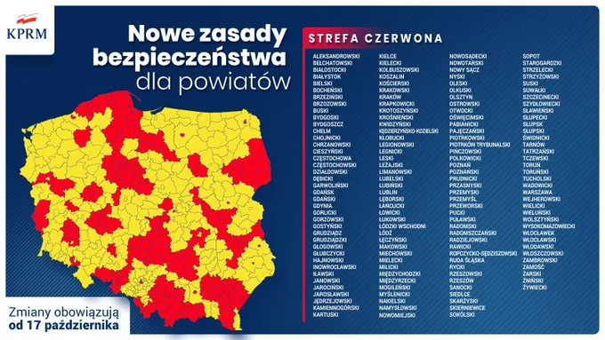 Czerwona strefa od 17.10. Jest nowa lista 152 powiatów, wśród nich Warszawa [MAPA]