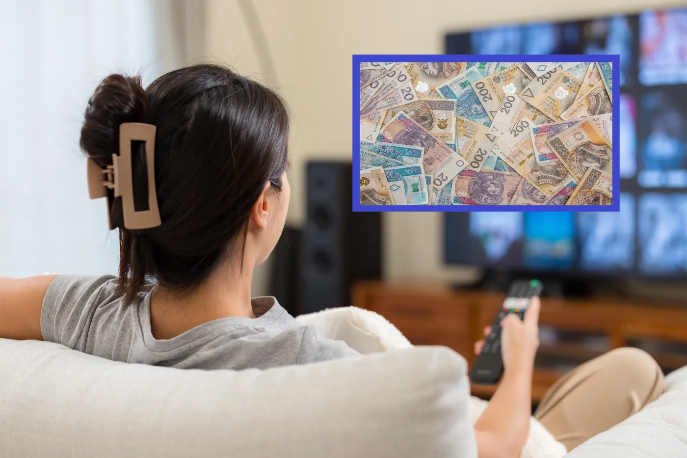 telewizja, pilot, kobieta, pieniądze