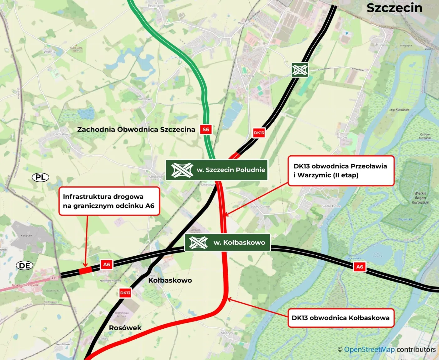Mapa zadań realizacyjnych DK13 i A6