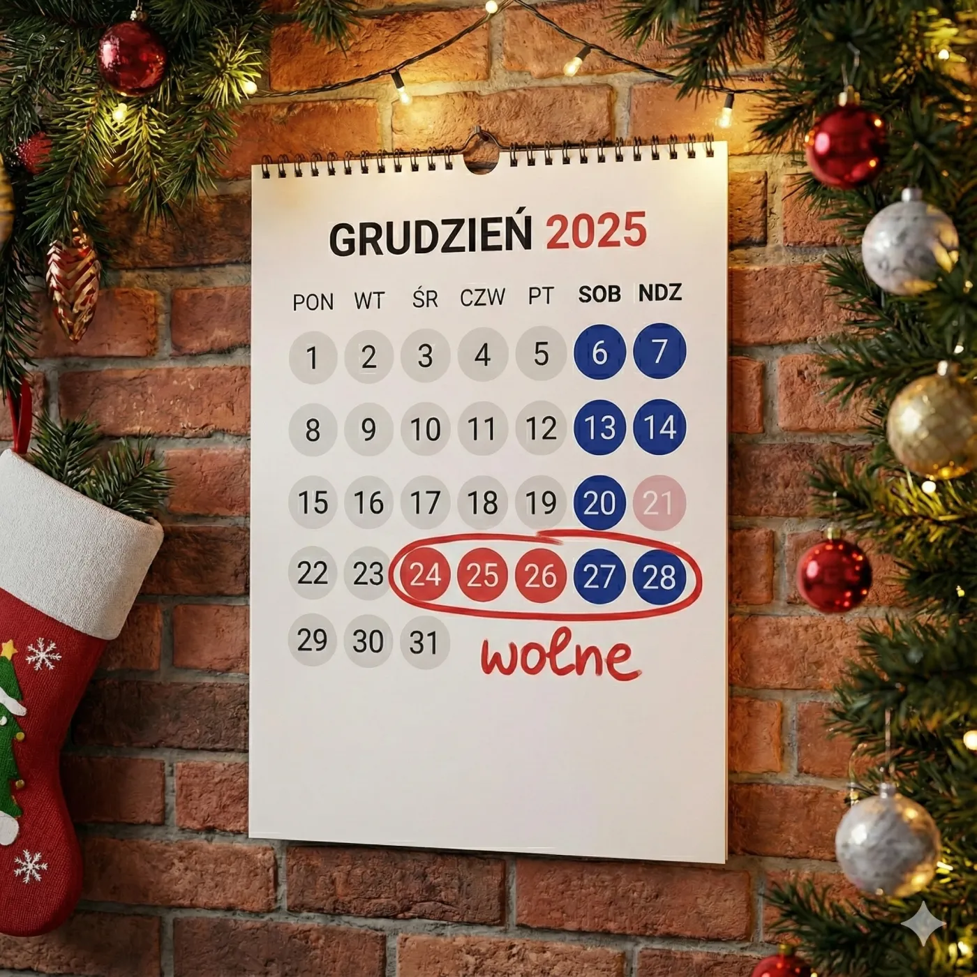 Układ dni wolnych w grudniu 2025 r.