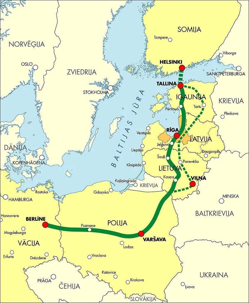 Transeuropejski szlak Rail Baltica, łączący Helsinki, Tallin, Rygę, Wilno, Warszawę i Berlin. Źródło: Ministerstwo transportu i komunikacji Łotwy