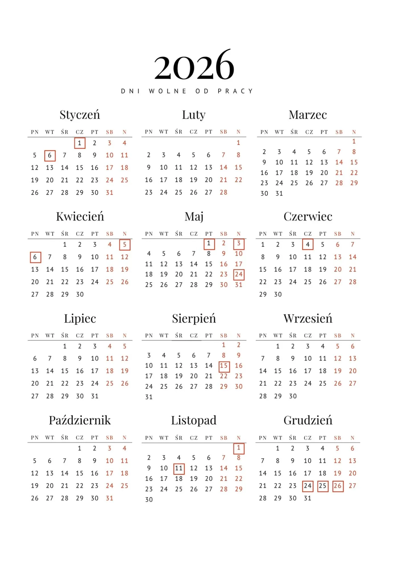 dni wolne od pracy 2026 kalendarz
