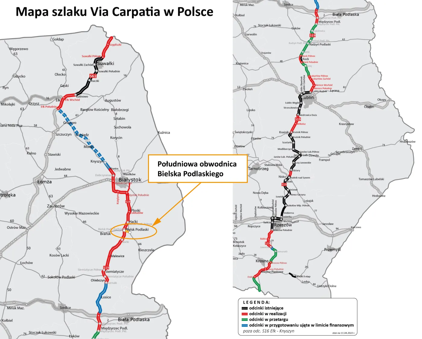 Mapa szlaku Via Carpatia w Polsce