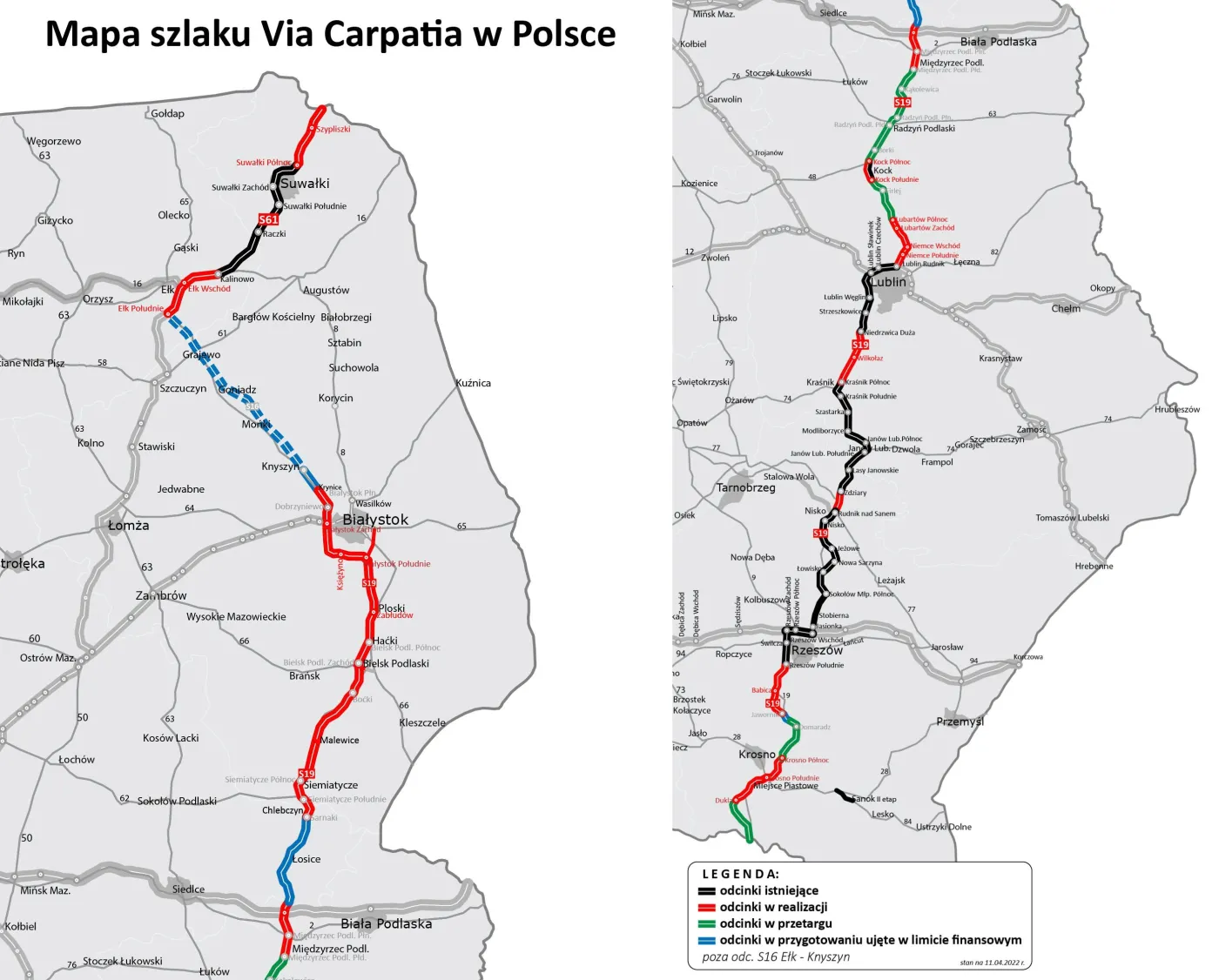 Mapa szlaku Via Carpatia w Polsce