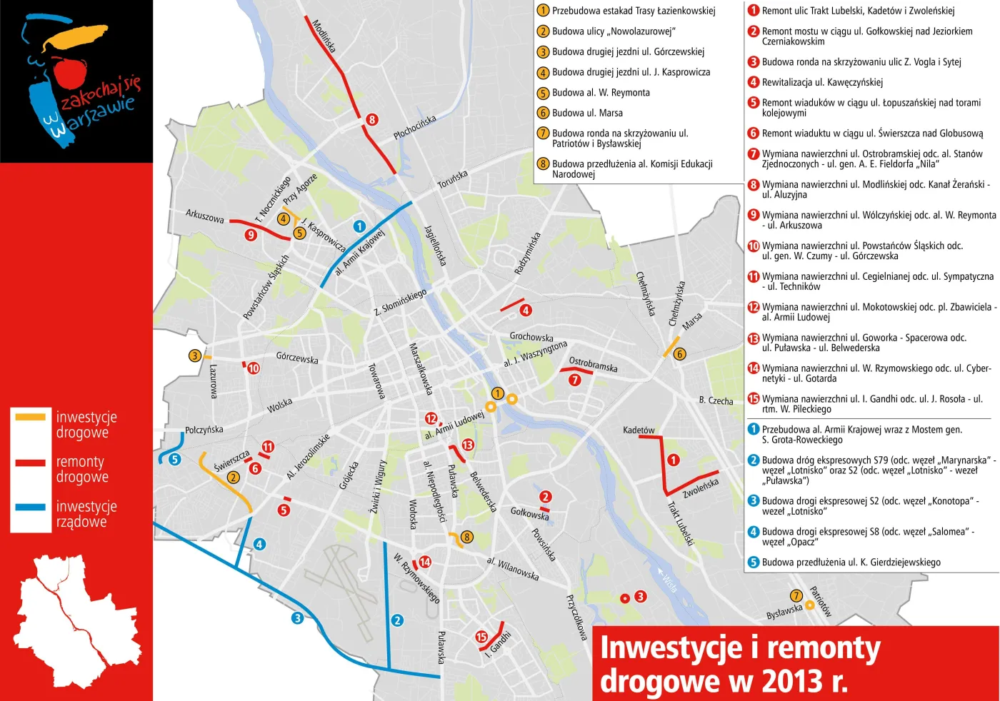 Mapa inwestycji transportowych w Warszawie w 2013 roku