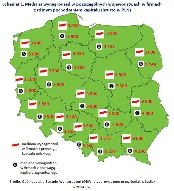 Zarobki w firmach z polskim i zagranicznym kapitałem [MAPA]