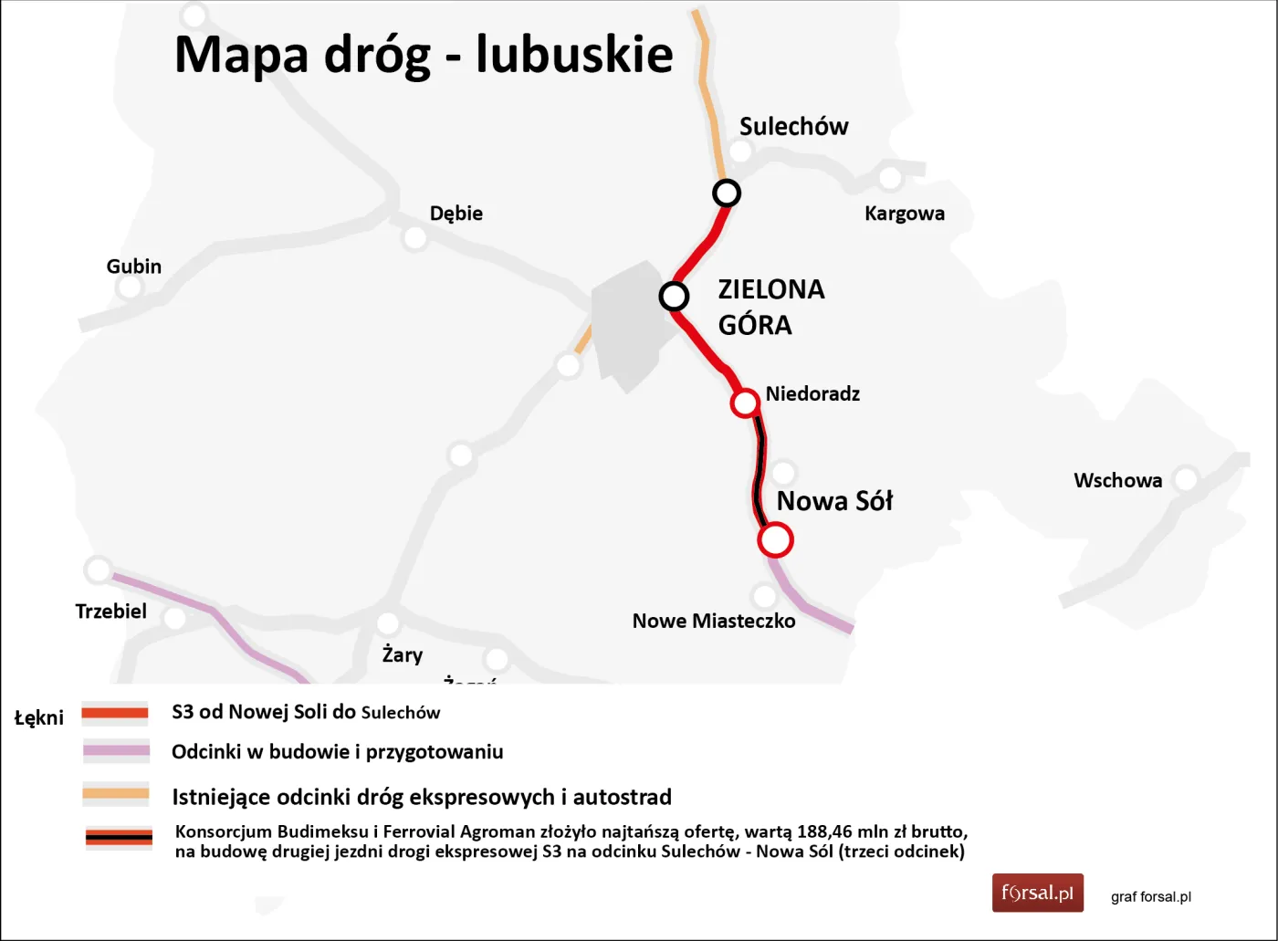 Mapa dróg - lubuskie, droga ekspresowa S3  (Sulechów - Nowa Sól)