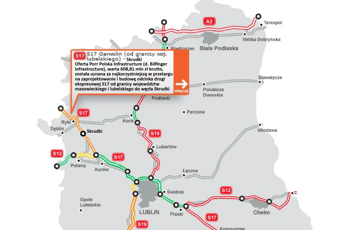 GDDKiA: Oferta Porr PI warta 609 mln zł najkorzystniejsza na odcinek S17 [MAPA]