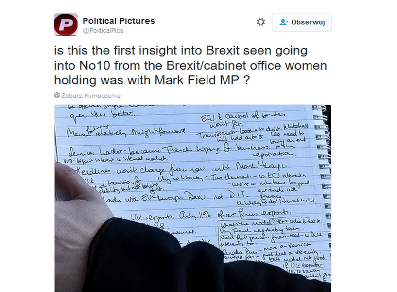 Odręczna notatka doradczyni jednego z konserwatywnych posłów, ujawniająca plany resortu ds. wyjścia z UE. Źródło: Twitter