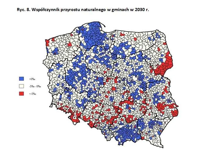 Współczynnik przyrostu naturalnego w gminach w 2030 r.