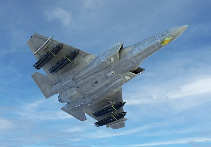 Wizualizacja przedstawiająca cztery pociski AGM-158C LRASM pod samolotem F-35.
