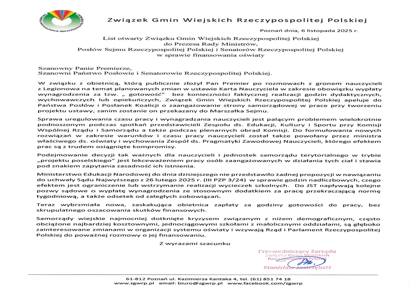 List otwarty Związku Gmin Wiejskich RP