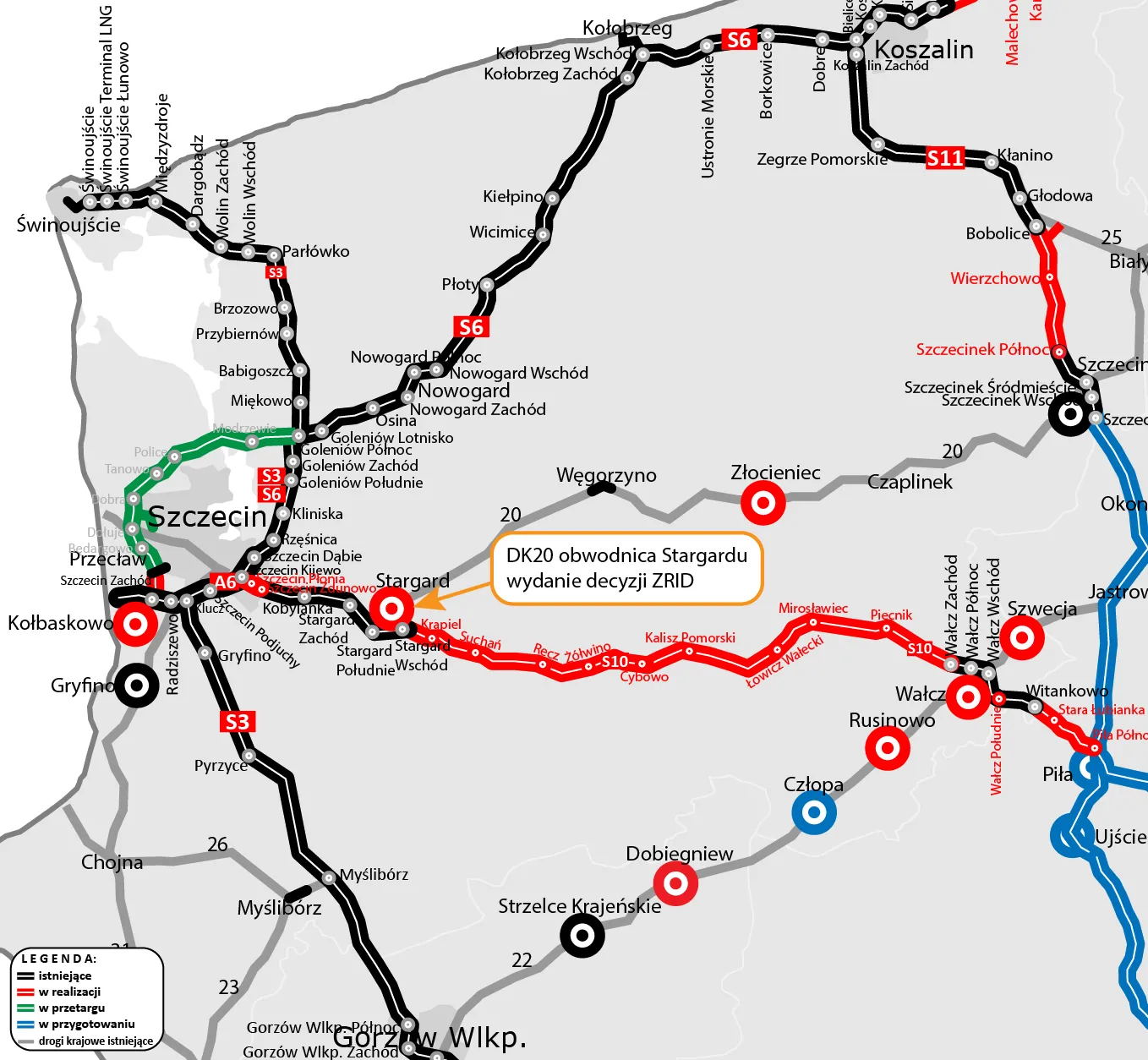Mapa z lokalizacją obwodnicy Stargardu