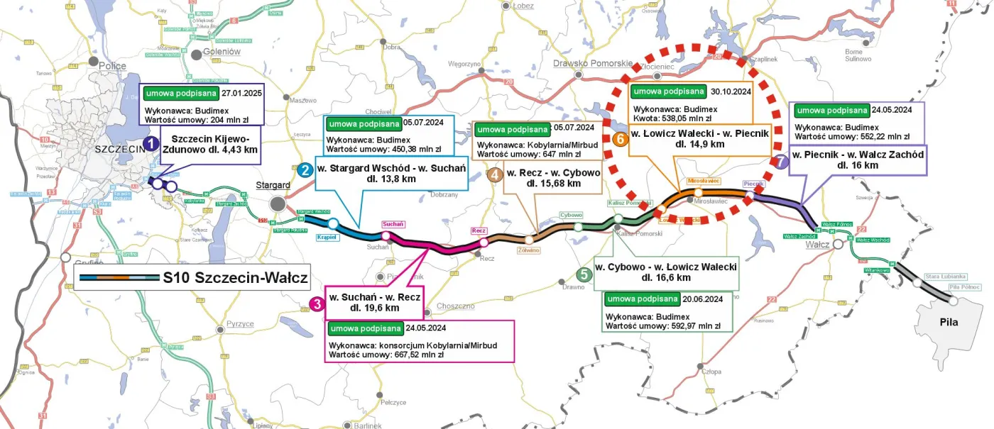 Mapa odcinków drogi S10 Szczecin-Wałcz