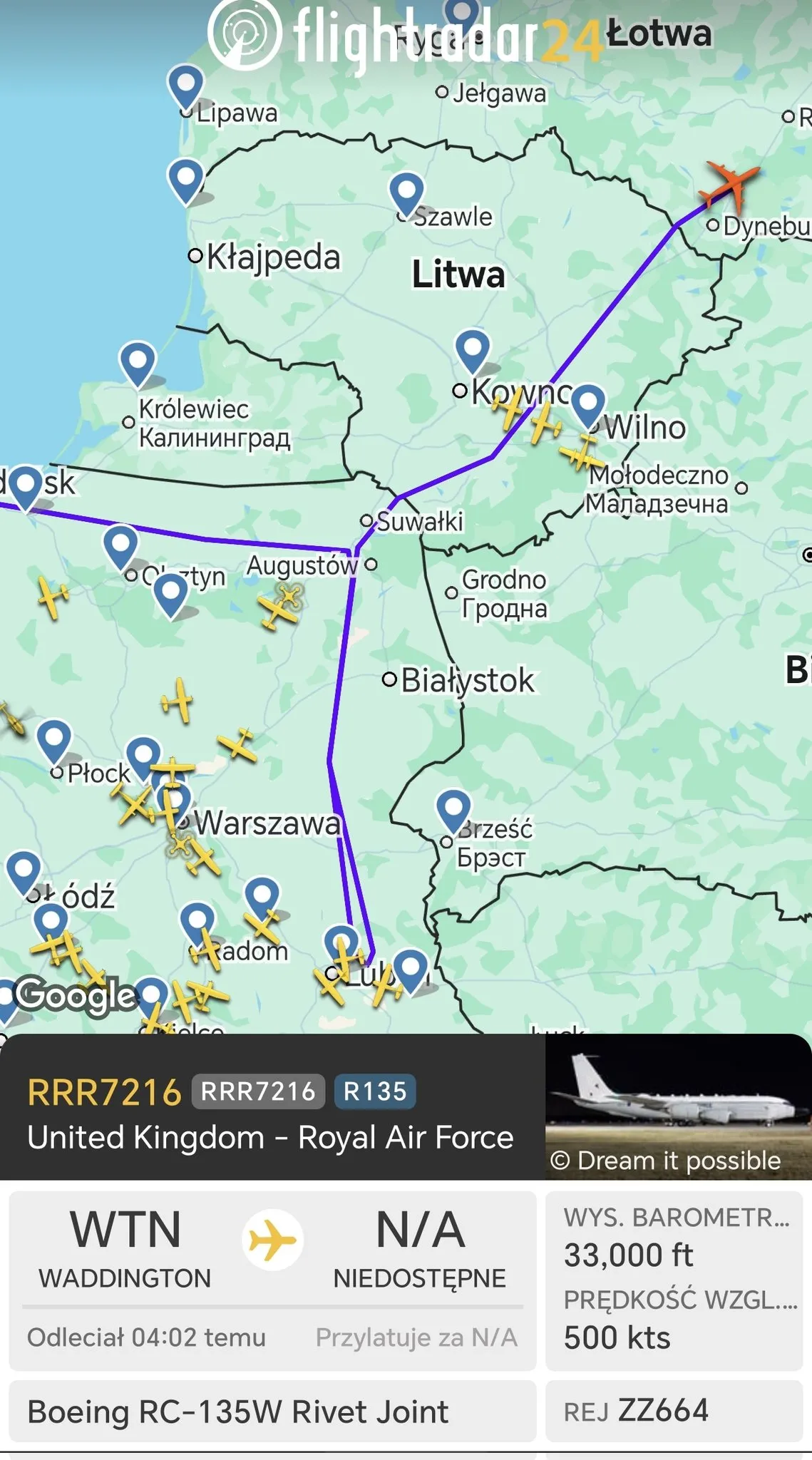 Przykład trasy niedawnej misji RC-135