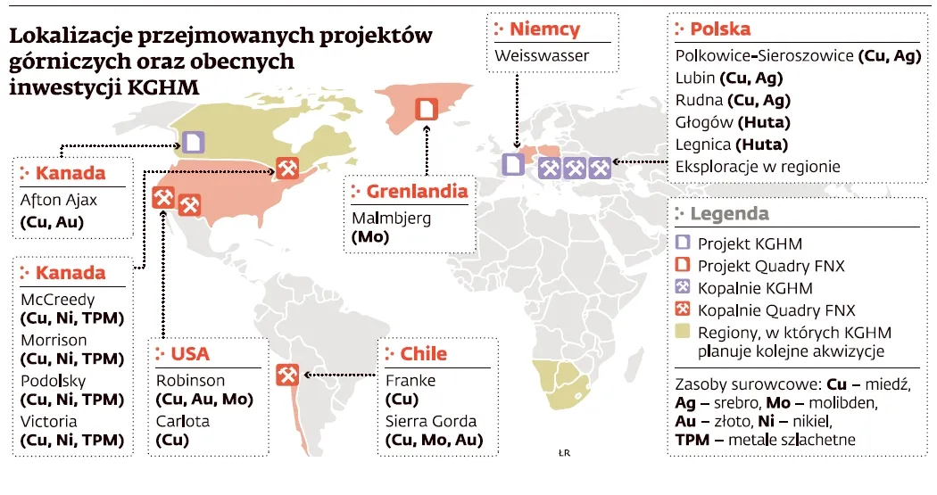 Lokalizacje przejmowanych projektów górniczych oraz obecnych inwestycji KGHM
