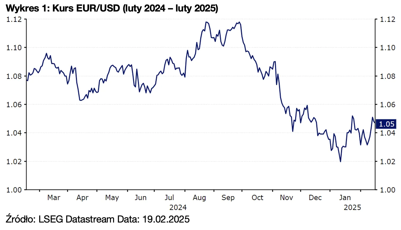 Wykres 1: Kurs EUR/USD (luty 2024 – luty 2025)