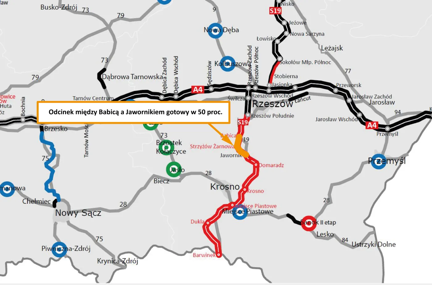 Odcinek między Babicą a Jawornikiem - mapa