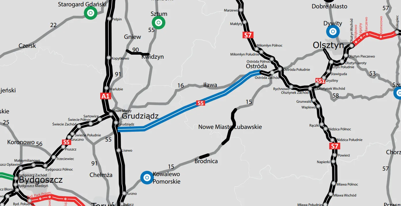 Przebieg S5 między Grudziądzem i Ostródą