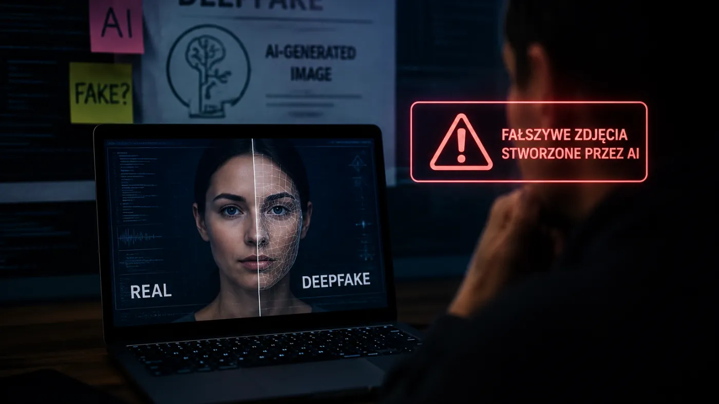Osoba pracująca przy komputerze z wizualizacją technologii deepfake i sztucznej inteligencji odpowiedzialnej za generowanie fałszywych zdjęć.