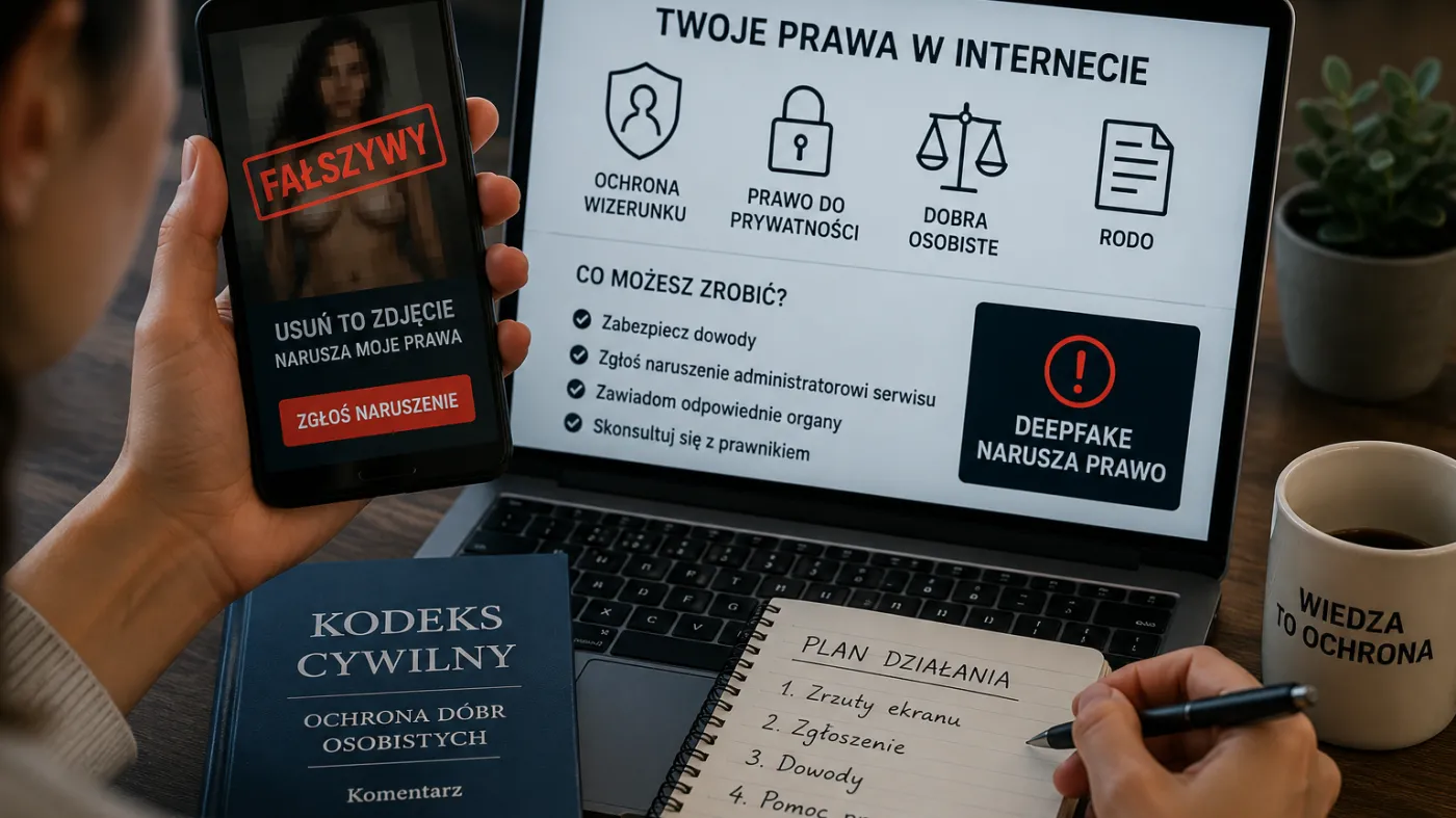 Osoba zgłaszająca fałszywe zdjęcie wygenerowane przez sztuczną inteligencję przy użyciu telefonu i komputera z informacjami o ochronie prawnej.