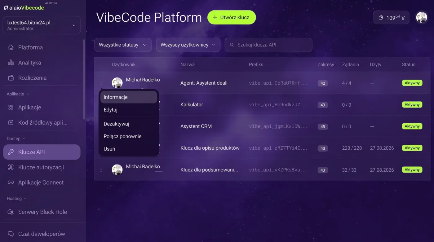 Panel administratora Alaio Vibecode — zarządzanie kluczami API i dostępem do aplikacji