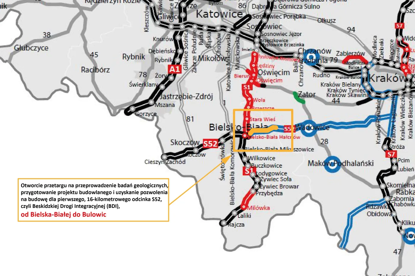 S52 - odcinek Bielsko-Biała - Bulowice - (graf. forsal.pl)